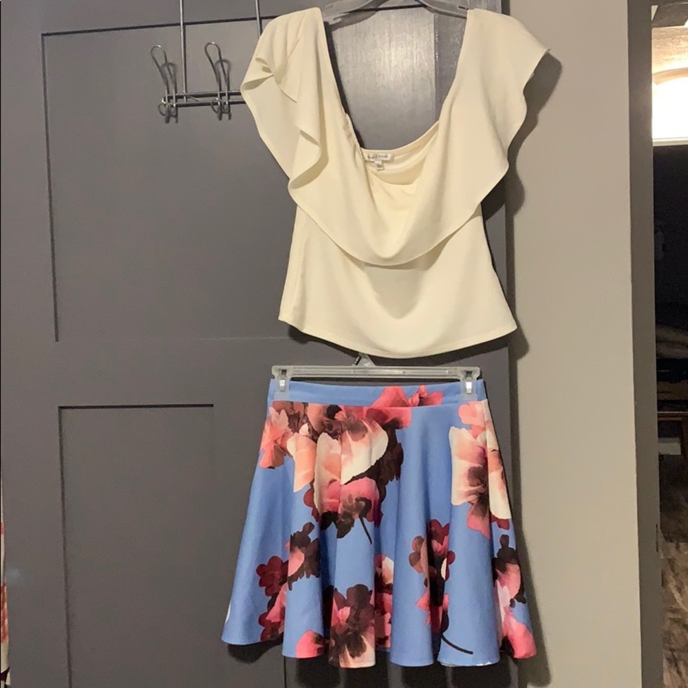 Off shoulder top/floral skirt outfit. Like new.